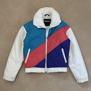 Vintage 80s Slalom Ski Snow Snowboard Puffer Rainbow Striped Jacket Womens Small